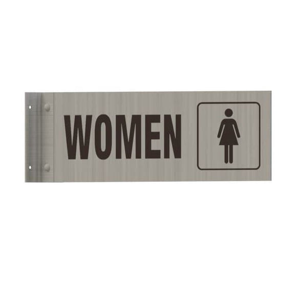 Women Restroom Sign -Two-Sided/Double Sided Projecting, Corridor and Hallway Sign (Aluminum, Silver, 4x12 Inch)-The Hallway Line(ref062022)