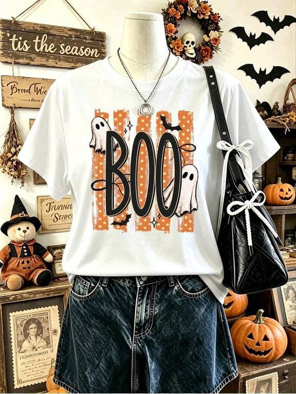Women Retro Boo Ghost Graphic Tee, Vintage Striped Ghost Bat Print T‑Shirt, Casual Short Sleeve For Halloween Party