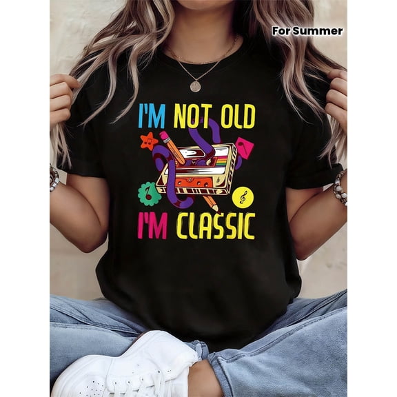Women Retro Cassette Music Note I'm Not Old I'm Classic Graphic Print Crew Neck Short Sleeve Casual T-Shirt for Spring Summer