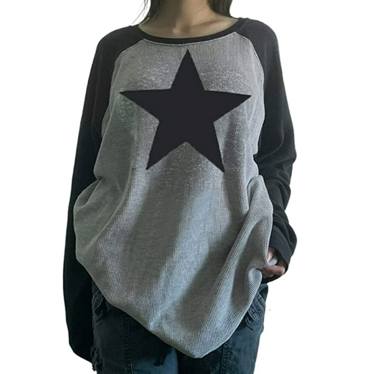 Women Retro Casual Long Sleeve T-Shirt Star Print Tops Fall Streetwear