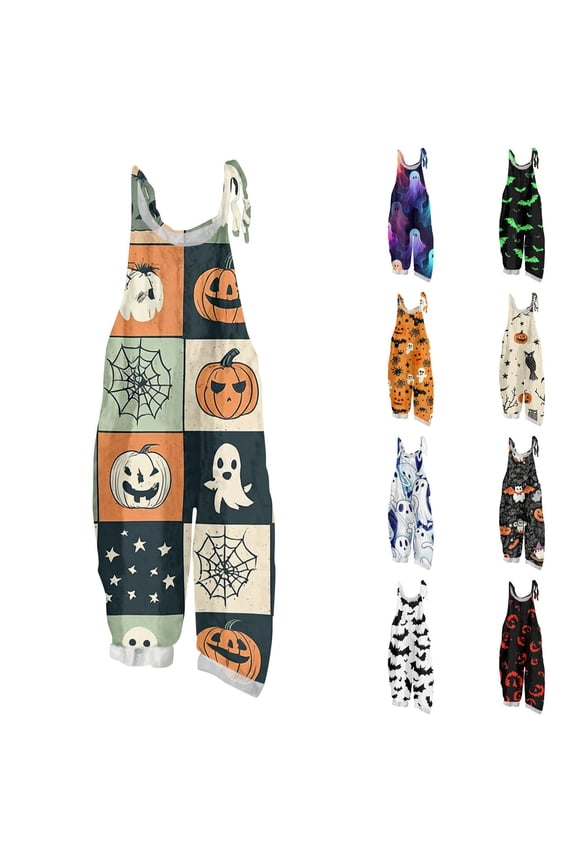 Women Retro Checkered Panel Pumpkin Ghost Spider Web Print Suspender Overalls Linen Blend Loose Halloween Casual Jumpsuits Multicolor 2XL