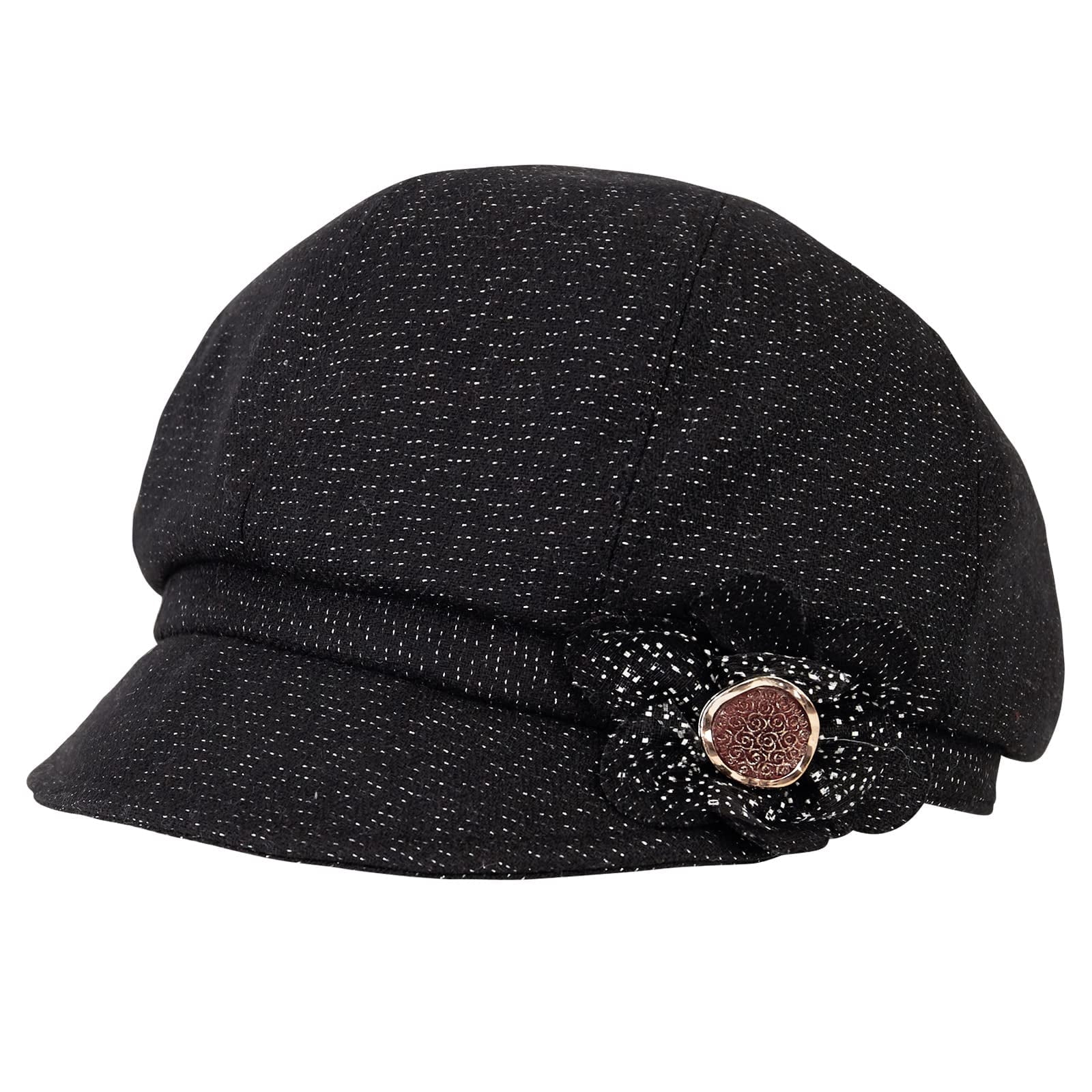 Women\'s Black Cotton Cabbie Cap Beret Hats with Flower Buckle Betmar Flower Beret – Hats.com main image 3