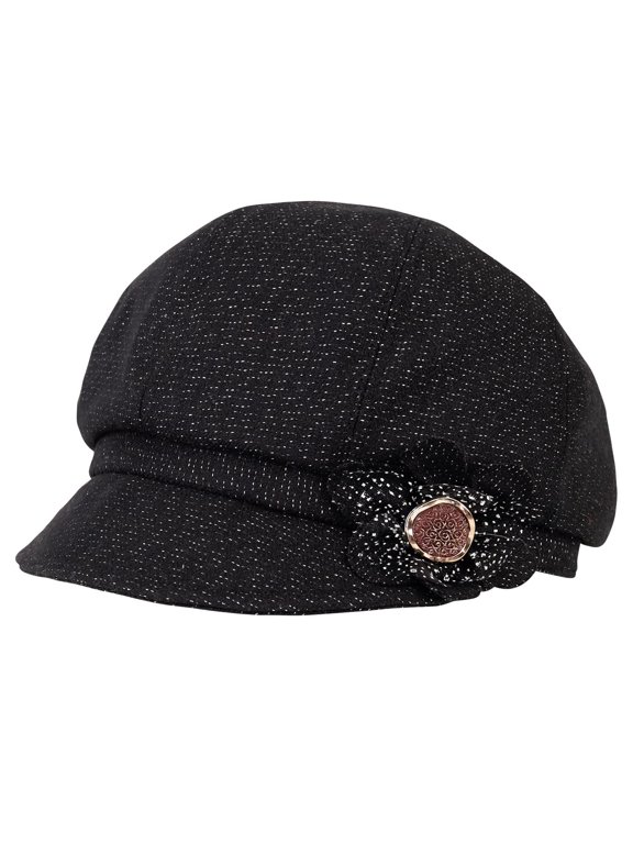 Women Retro Classic Visor Newsboy Cabbie Cap Beret Hats with Flower Buckle for Ladies Black