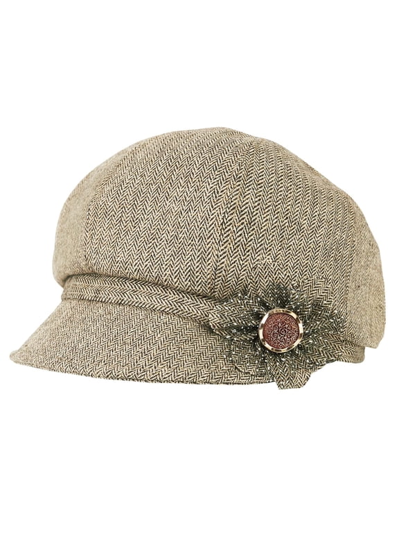 Women Retro Classic Visor Newsboy Cabbie Cap Beret Hats with Flower Buckle for Ladies Khaki