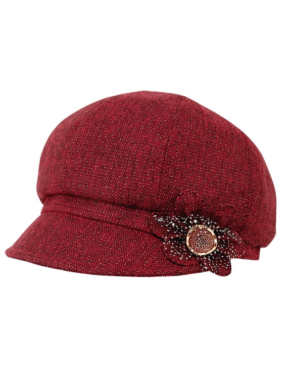 Women Retro Classic Visor Newsboy Cabbie Cap Beret Hats with Flower Buckle for Ladies Red