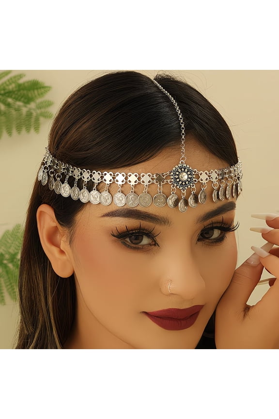 Women Retro Coin Headband Festival Headchain Vintage Coin Charm Hair Accessory Adjustable Lightweight