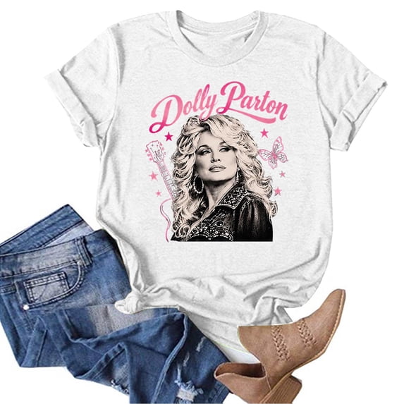 Women Retro Dolly Graphic T‑Shirt, Crew Neck Short Sleeve Country Music Legend Tee Loose‑Fit Casual Unisex Vintage Casual Shirt Tops S