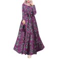 Women Retro Dress Printed Sun Skirt Long Sleeve Robe With Belt Praying