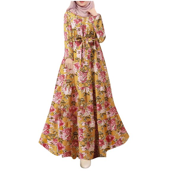 Women Retro Dress Printed Sun Skirt Long Sleeve Robe With Belt