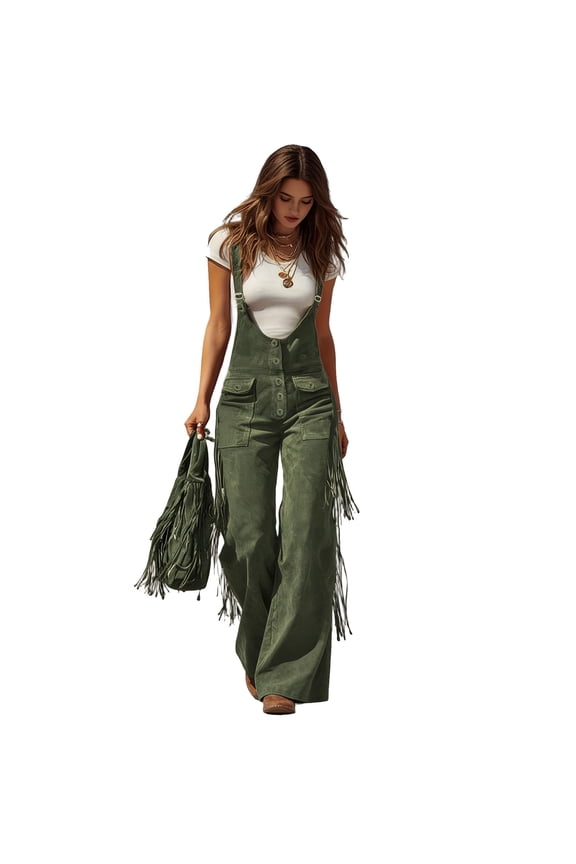 Women Retro Faux Suede Overalls Adjustable Strap Wide-Leg Bell Bottom Jumpsuit with Tassels Hippie Cowgirl