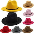 thumbnail image 1 of Women Retro Felt Wide Brim Floppy Panama Hat Belt Buckle Solid Color Wool Fedora Hat Cap, 1 of 7