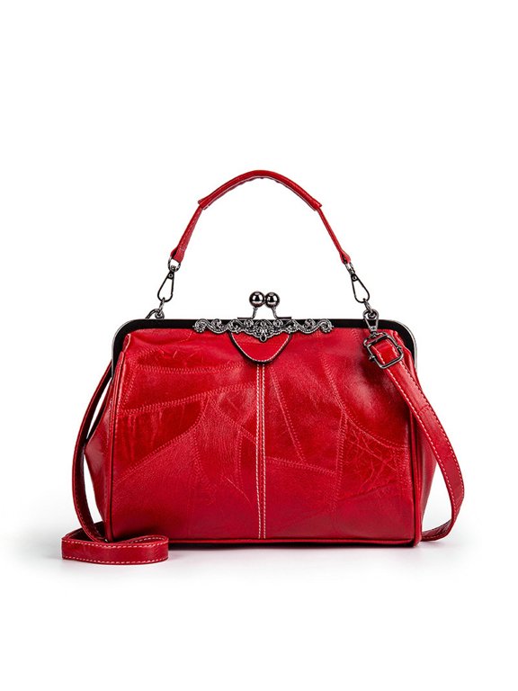 Women Retro Floral Metal Frame Kiss Lock Handbag, Red Patchwork Oil Wax Leather Top Handle Satchel Purse, Spacious Crossbody Shoulder Bag with Removable Strap, Vintage Fashion Bag for Work Party Trav