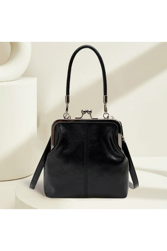 Women Retro Hollow Oil Wax PU Leather Handbag Kiss Lock Crossbody Purse Vintage Messenger Bag Tote