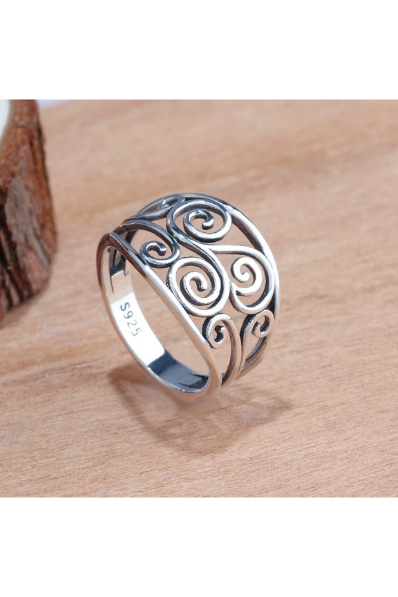 Women Retro Hollow Sterling Silver Fern Pattern Minimalism Rings