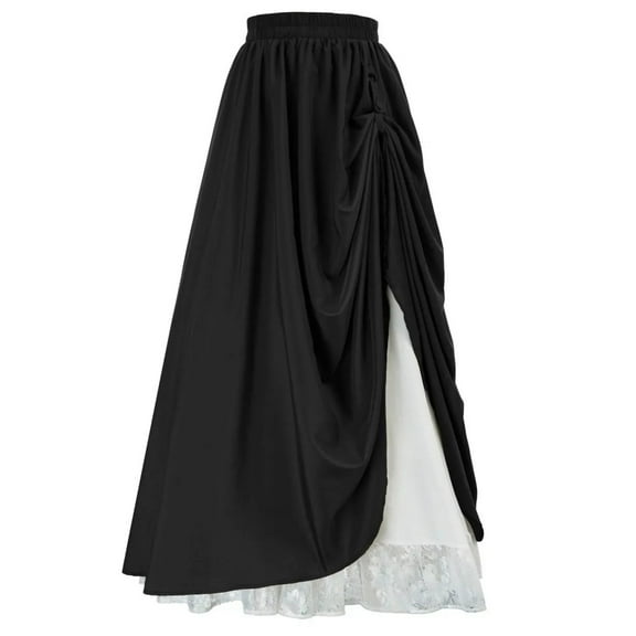 Women Retro Layer Skirts with Lace Overlay High Waist A-Line Flare Skirt