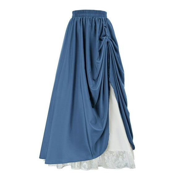 Women Retro Layer Skirts with Lace Overlay High Waist A-Line Flare Skirt