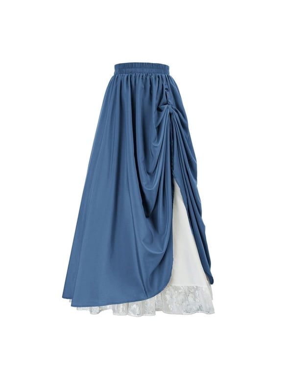 Women Retro Layer Skirts with Lace Overlay High Waist A-Line Flare Skirt