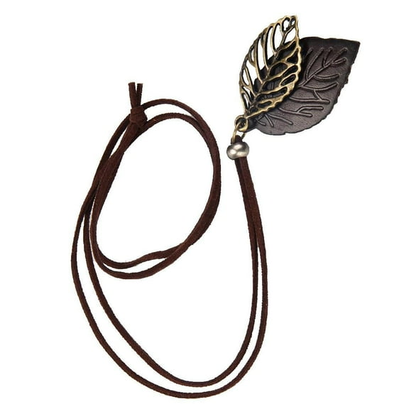 Women Retro Leaf Pendant Statement Necklace Long Leather Rope Chain 32 Inches Coffee