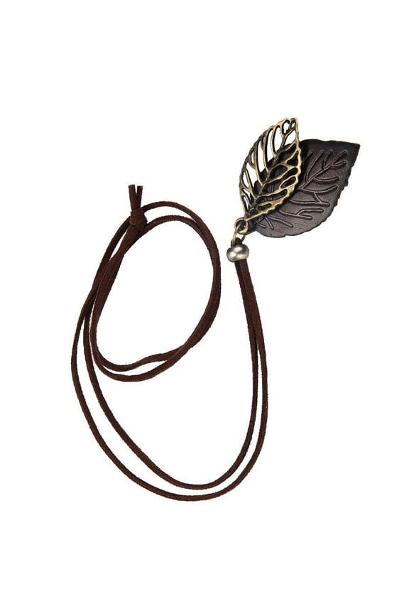 Women Retro Leaf Pendant Statement Necklace Long Leather Rope Chain 32 Inches Coffee