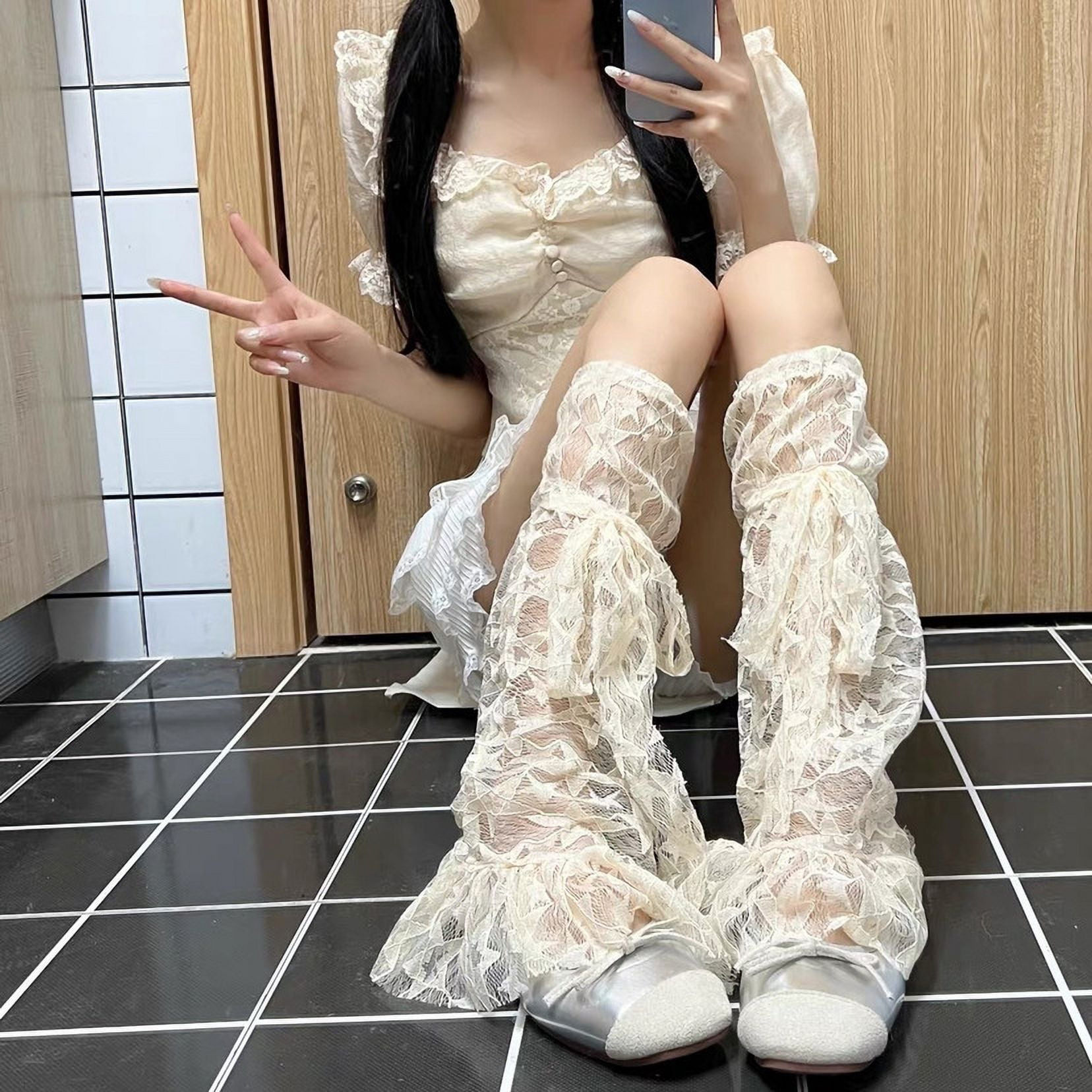 Women Retro Leg Warmers Sheer Lace Knee High Socks Aesthetic Boot
