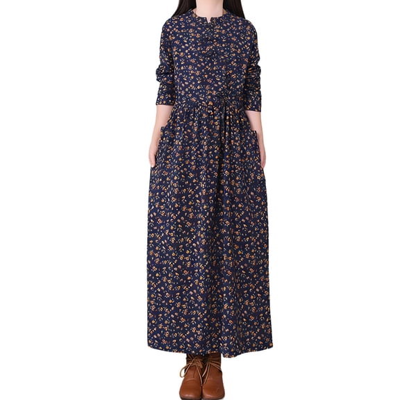 Women Retro Linen Dress Long Sleeve Tie Waist Crew Neck Floral Printed Casual Fall Spring Maxi Dress with Pockets (2XL, Navy)