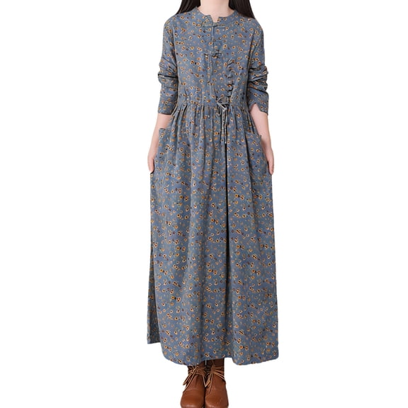 Women Retro Linen Dress Long Sleeve Tie Waist Crew Neck Floral Printed Casual Fall Spring Maxi Dress with Pockets (XL, Gray)
