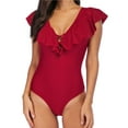 thumbnail image 1 of Women Retro One Piece Swimsuit V Neck Ruffle Shoulder Bathing Suits Slim Cutout Swimwear, 1 of 6