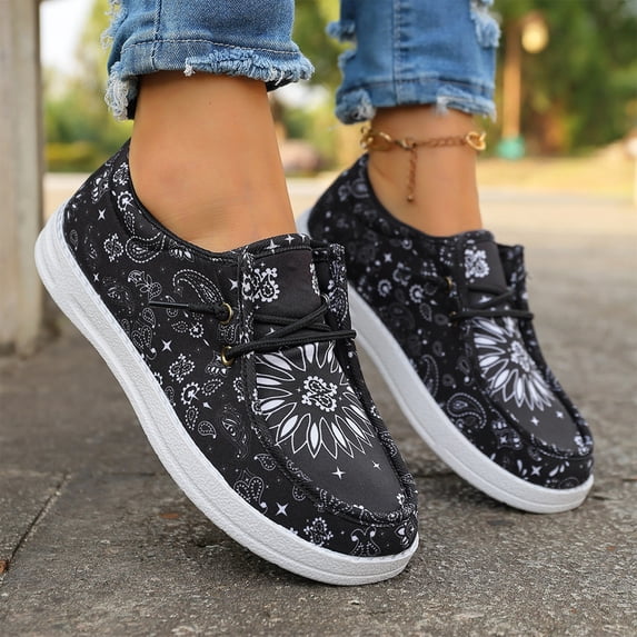 Women Retro Paisley Bandana Print Boat Shoes, Lightweight Breathable Lace Up Casual Flats Non Slip Thick Rubber Sole Daily Walking Shoes