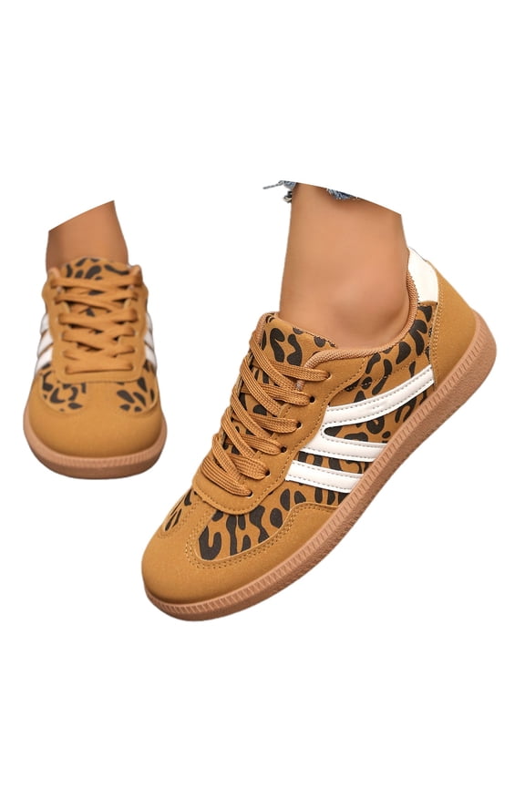 Women Retro Patchwork Leopard Print Casual Sneakers Fashion Flat Sole Comfortable Walking Footwear Lightweight Breathable Daily Wear