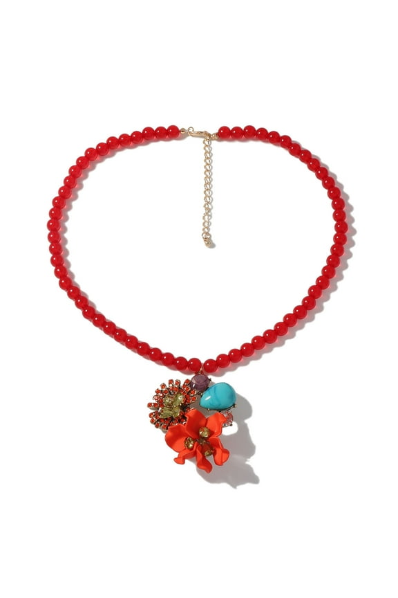 Women Retro Personality Resin Flower Water Drop Pendant Exaggerated Beaded Chain Necklace Jewelry