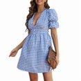 thumbnail image 1 of Women Retro Plaid Print Midi Dress Button Up V Neck Short Sleeve Ruffle Casual Dresses Blue M, 1 of 7