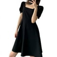 thumbnail image 1 of Women Retro Puff Short Sleeve Square Neck Solid A-Line Midi Long Swing Dress, 1 of 21