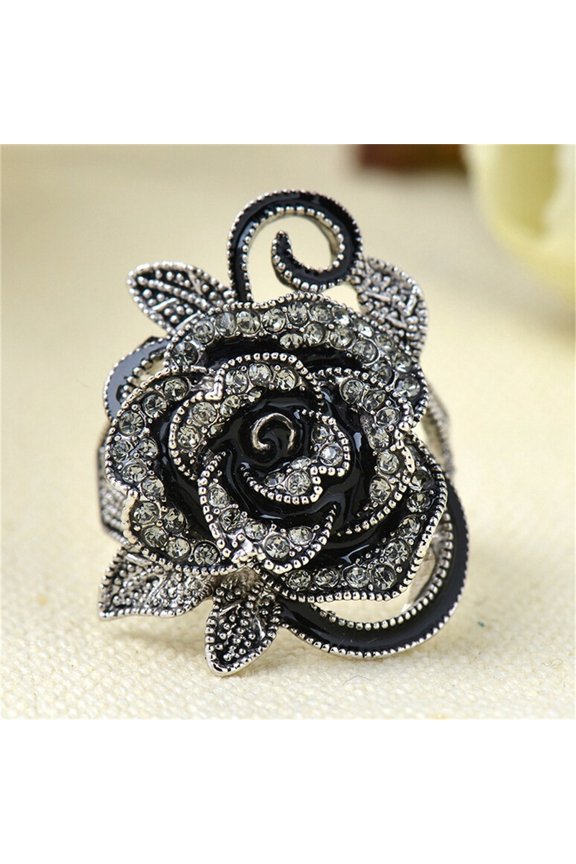 Women Retro Rose Flower Black Crystal Vantige Big Flower Rings