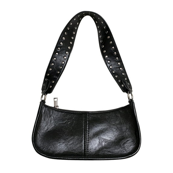 Women Retro Shoulder Bag Studded Decor PU Handbag Adjustable Strap Y2k Underarm Satchel Bag Casual Crossbody Sling Bag Black