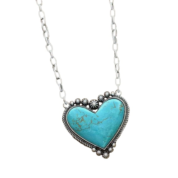 Women Retro Silver Plated Necklace for Women Green Turquoise Heart Necklace