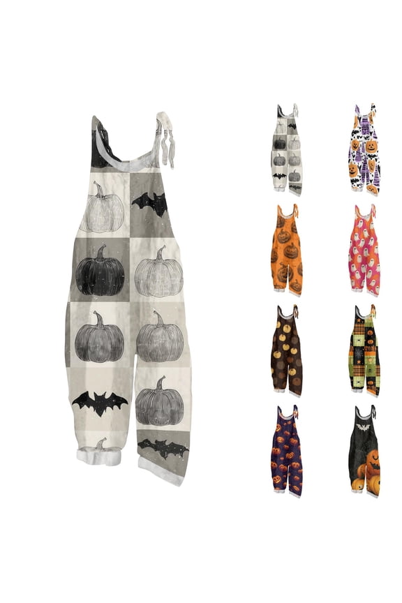 Women Retro Sketch Checkered Pumpkin Bat Print Linen Blend Halloween Loose Suspender Overalls Jumpsuits Gray L