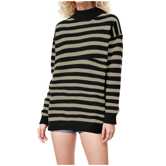 Women Retro Striped Sweater Oversized Turtleneck Sweaters Knit Long Sleeve Shirts Y2k Pullover Tops