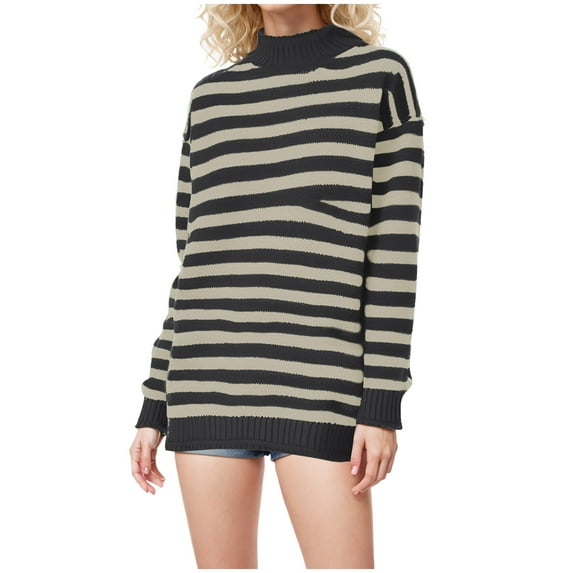Women Retro Striped Sweater Oversized Turtleneck Sweaters Knit Long Sleeve Shirts Y2k Pullover Tops