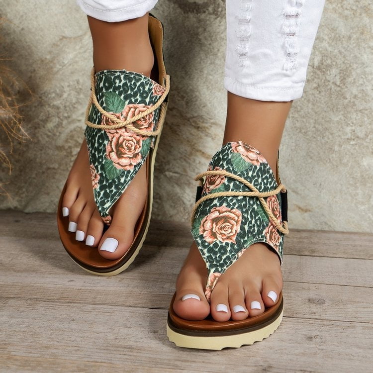 Women Retro Sunflower Flower Pattern Zip Back Thong Sandals
