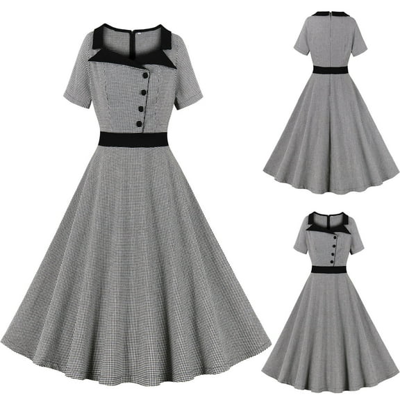Women Retro V-neck Short Sleeves Bowknot Button Belt Large Skirt Hem Dress