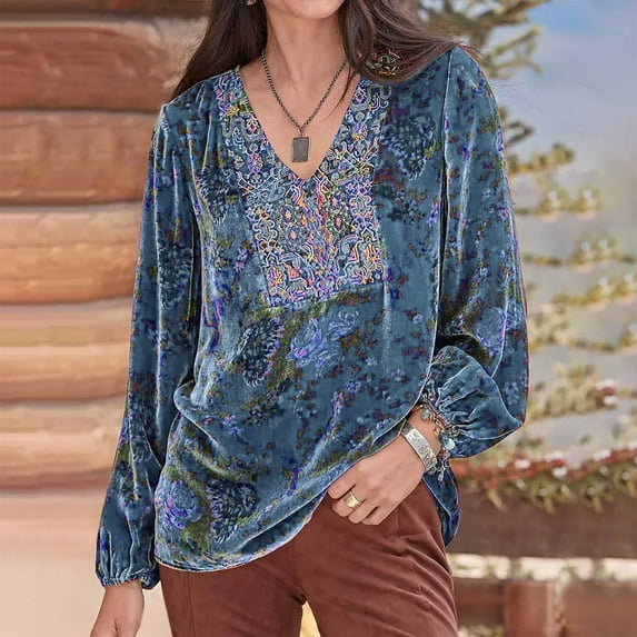 Women Retro Velvet Long Sleeve V Neck Shirt Blouse Tops Traditional Ethnic Style Pattern Vintage Loose Henley Tshirts
