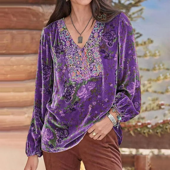Women Retro Velvet Long Sleeve V Neck Shirt Blouse Tops Traditional Ethnic Style Pattern Vintage Loose Henley Tshirts