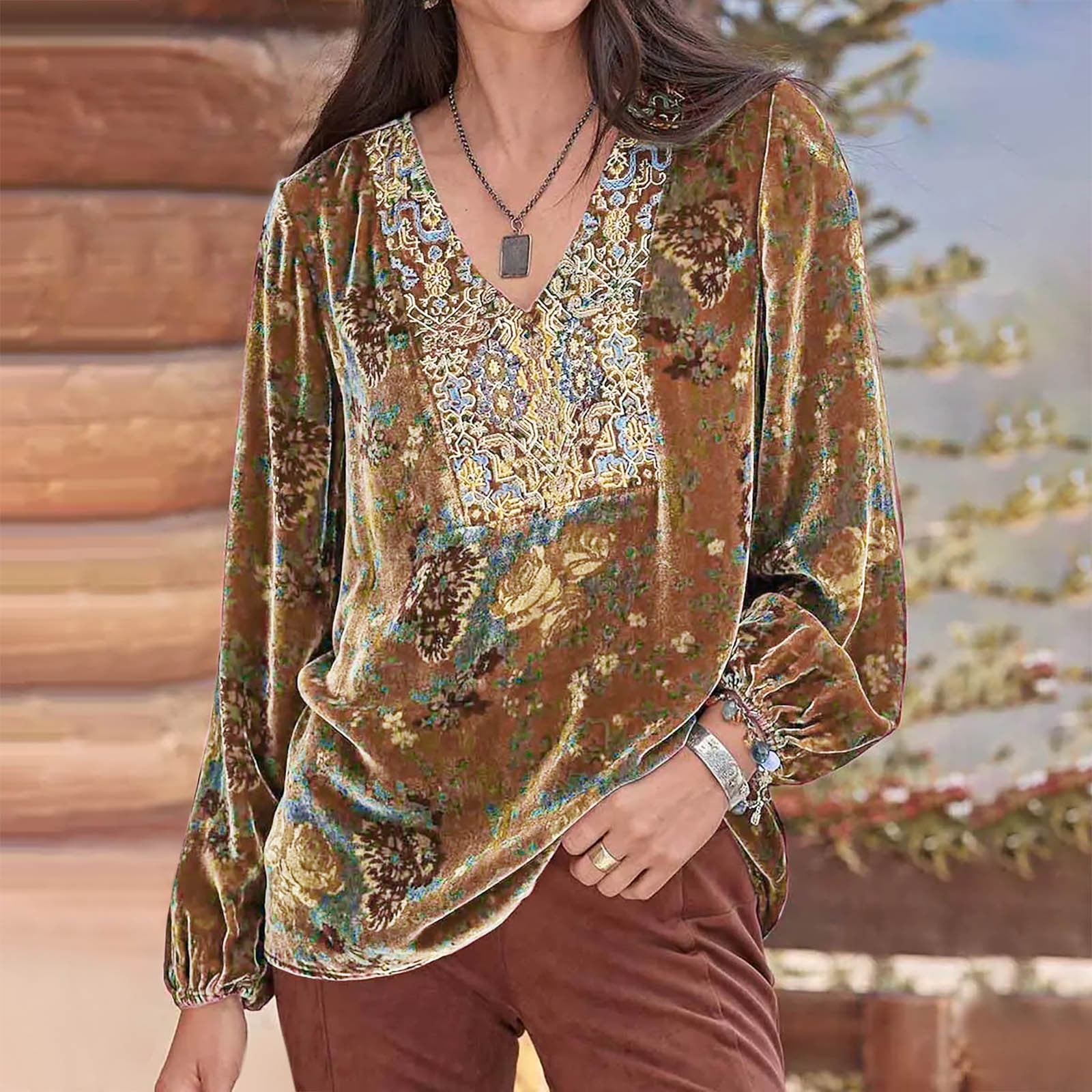 Vintage Ethnic Print V-neck Long Sleeve Casual Blouse main image 0