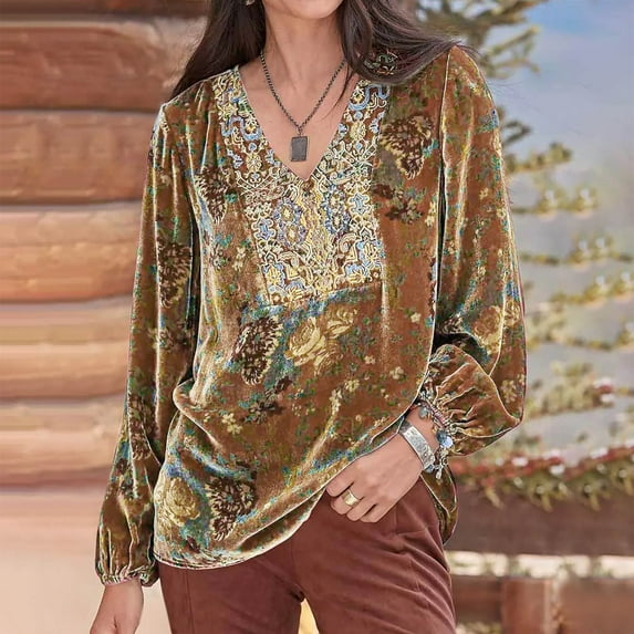 Women Retro Velvet Long Sleeve V Neck Shirt Blouse Tops Traditional Ethnic Style Pattern Vintage Loose Henley Tshirts