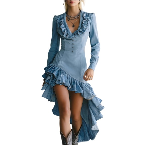 Women Retro Western Pastoraled Ruffled Dress Asymmetrical Hem with Ruffles and Long Sleeves, Free-Spirited Prairie Dress for Photoshoots, Vacations, and Outdoor Events Light Blue 3XL