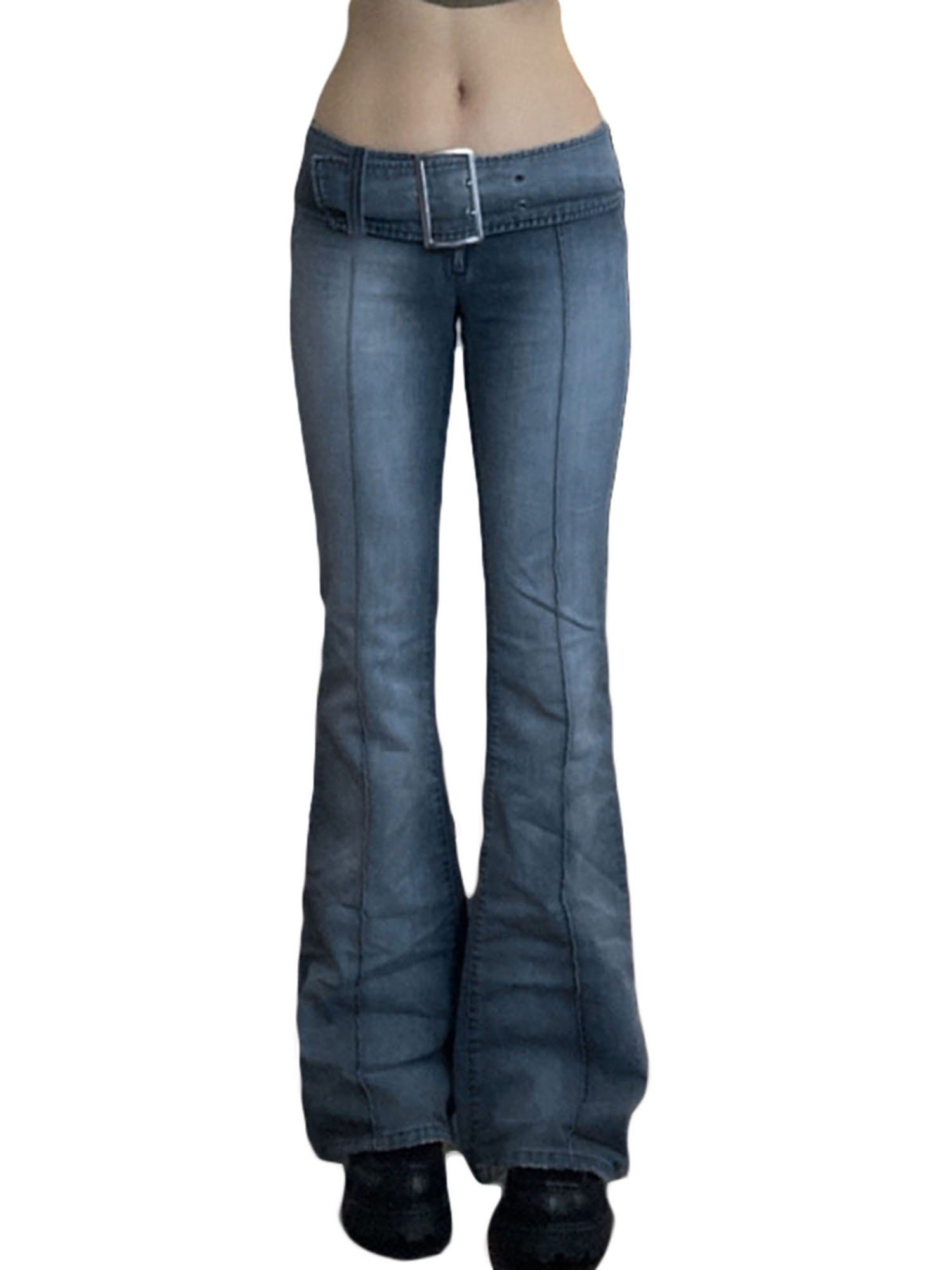 Women Retro Y2K Fashion Wide-Leg Baggy Flare Jeans Trousers Punk Tie-Up Low  Waist Solid Color Denim Pants