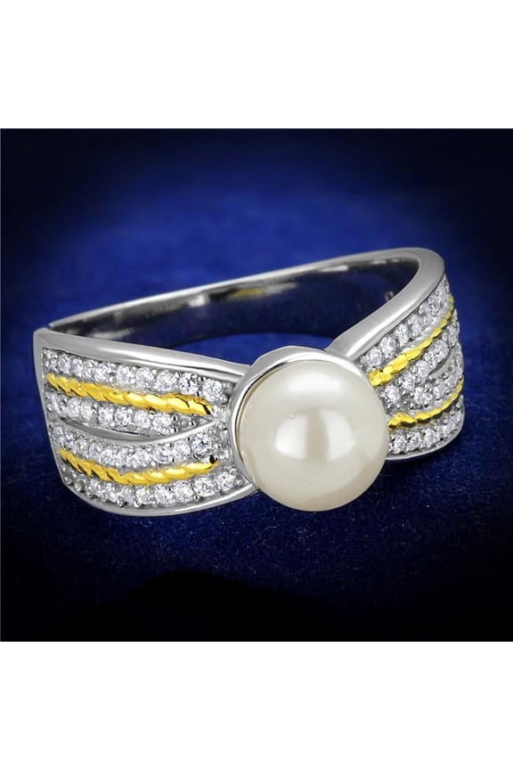 Women Reverse Two-Tone 925 Sterling Silver Ring with Synthetic in White - Size 9