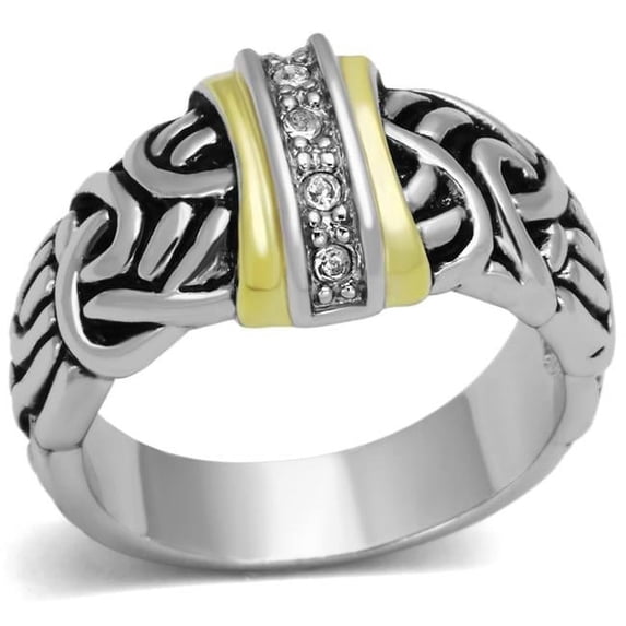 Women Reverse Two-Tone Brass Ring with Top Grade Crystal in Clear - Size 5