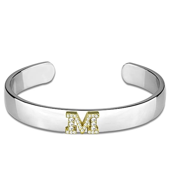 Women Reverse Two-Tone White Metal Bangle with Top Grade Crystal in Clear - 6.75 in.