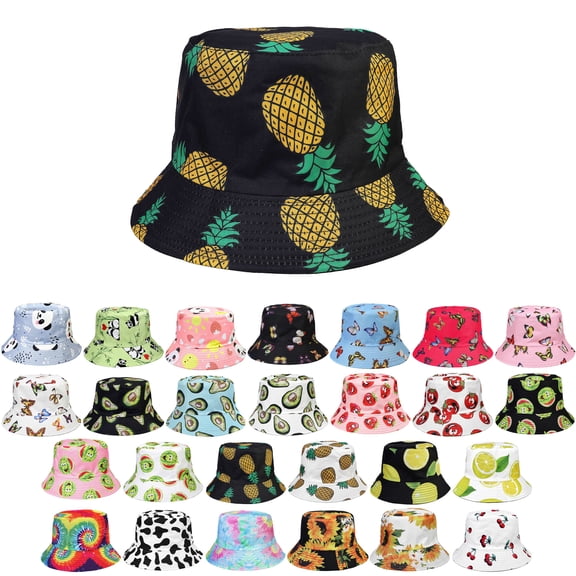 Women Reversible Bucket Hat Summer Travel Lightweight Foldable Beach Outdoor Hat - Black Pineapple